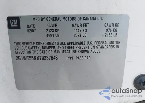 2007 Chevrolet Impala Lt z USA, uszkodzony, nr VIN 2G1WT55NX79337643